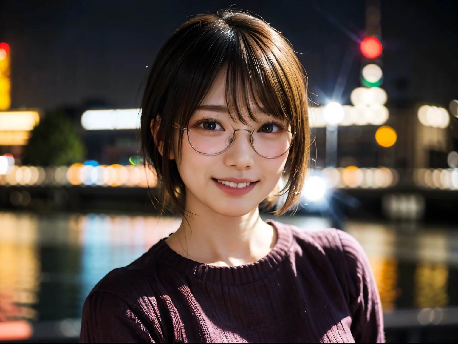 Japanese girl in casual clothes、Pay attention to the audience、Tokyo cityscape at night、(highest quality、Masterpiece)))、HD Fine、Very detailed、Masterpiece、Cinema Lighting、(8k、highest quality、Masterpiece:1.2)、(Realistic、Photorealistic:1.37) High resolution、Very detailed、Woman wearing glasses、Expressions of silence、Round Glasses、Asian, cute, cute顔, alone, short hair 1.2, Rough skin, Beautiful smile, Beautiful and detailed night sky, Night view, Cinema Lighting, Written boundary depth, Lens flare light、On a date、(Blushing your nose)、、(Mouth closed)Small breasts、Beautiful details in the eyes、(sweater:1.1)、(short hair:1.2)、Floating Hair Nova Frog Style、
