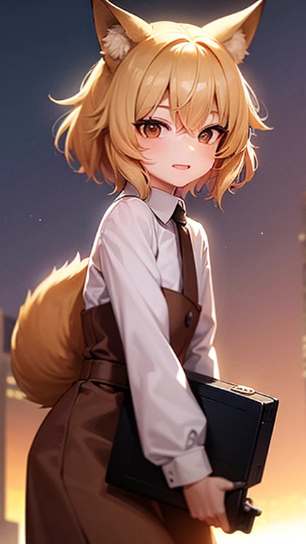 20th television animation, blonde hair, brown eyes, mole, short products hair, fang, crossed bangs, fox tail, fox ears, brown highlight, white shirt, long sleeves, brown skirt, , brown gloves, holding, beam, hollywood, cityscape, sky, cloud, anime waifu style