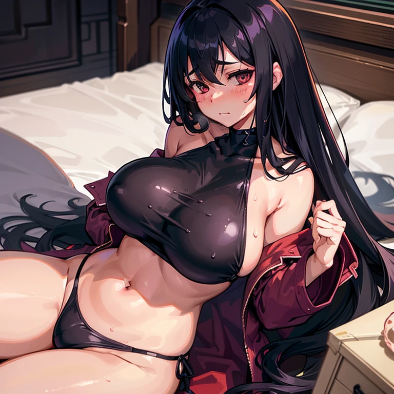 In the dimly lit room, a sultry manga female character reclines on a bed, her body bathed in a sheen of sweat. The curve of her massive chest and generous hips is accentuated by the tight, wet fabric of her bathing suit. Her long, black hair splayed out around her, framing a red-faced, embarrassed visage as she inadvertently exposes a tantalizing glimpse of her private parts between her spread legs. The intricately detailed masterpiece comes to life with every stroke, from the beads of sweat on her forehead to the blush creeping up her cheeks. The room is shrouded in shadows, adding to the allure and sensual