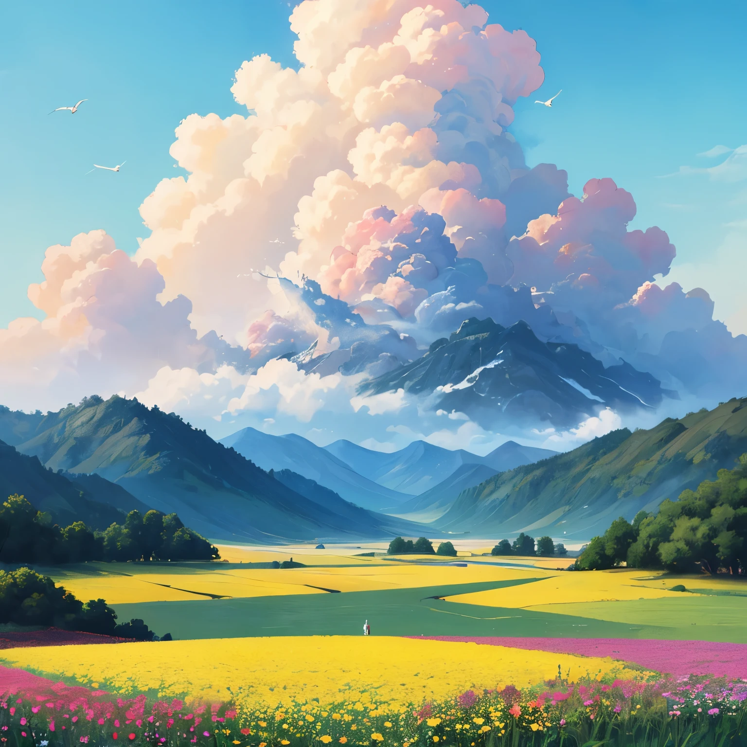 Flower field painting of birds flying in the sky, detail painting 4k, drawn in anime artist studio, in white cloud wonderland, drawn by Yang J, anime beautiful peaceful scene, high quality digital painting, beautiful floating clouds. Anime, beautiful anime scenes, Rose Tran. Landscape background, beautiful digital painting, white cloud fairyland --v6