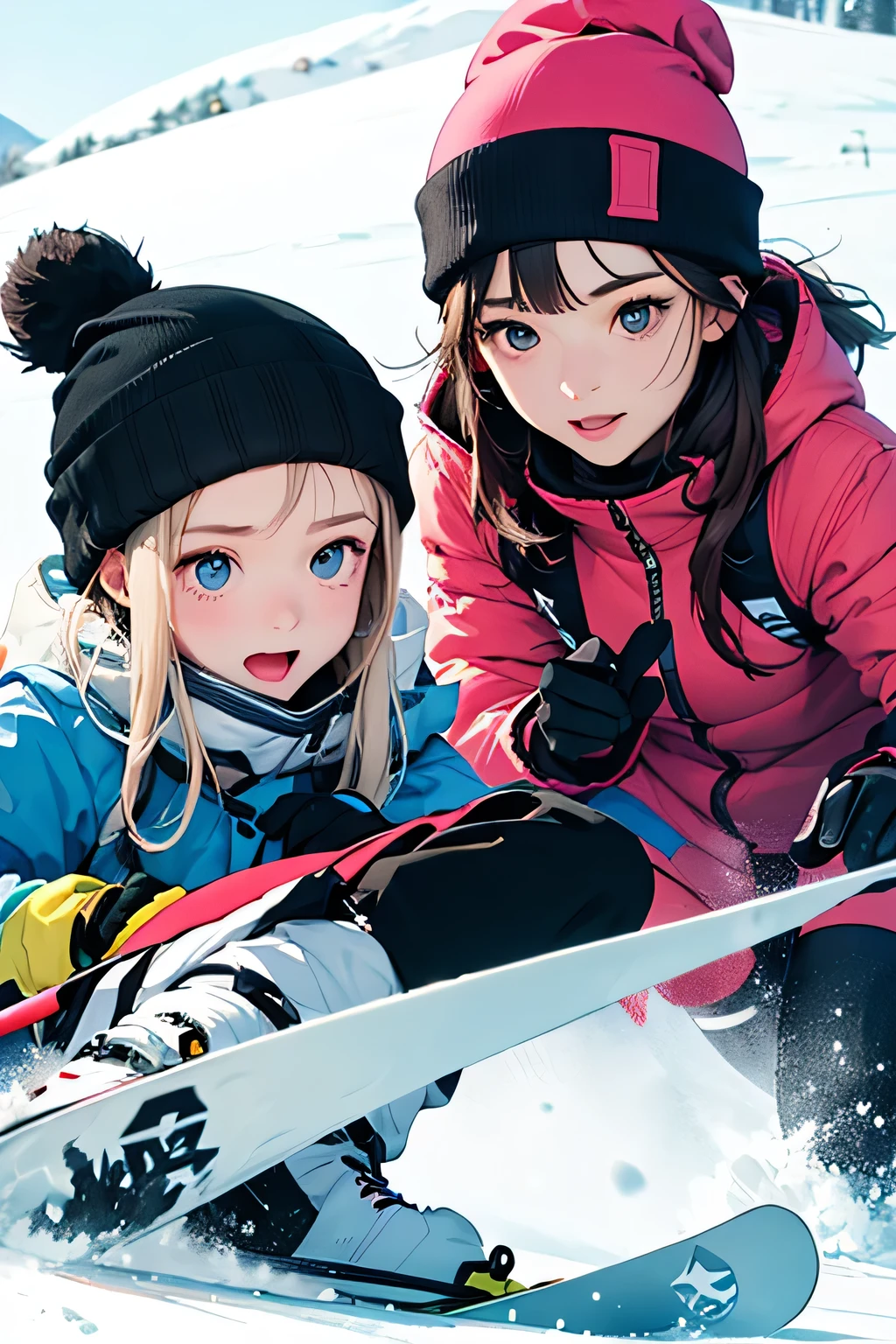 highest quality、High resolution、Detailed Background、(Beautiful face in every detail:1.4)、Anatomically correct、(Draw the usual number of fingers:1.2)、(Detailed facial expressions)、(Detailed eyes:1.2)、(Detailed eyes:1.2)、Beautiful, smooth skin、Teenage beauty、(Highly detailed face:1.4)、Cute color hair color、ponytail、Bobcut、Braided long hair、Wavy Hairstyle、well-groomed eyebrows、Do cute things、Beautiful scenery of snowy mountains、The exhilaration of speed、Excited、Uplifting、Fit on one screen、
(Two beautiful girls enjoying skiing and snowboarding at a ski resort with a spectacular view on a sunny day:1.5)、
Choose pastel or bright coloured skiwear to stand out in the snow.、
Pink, light blue and white clothing will make you look especially cute.、
Ski wear with a simple design gives a stylish and cute impression.、
Headbands and beanies、If you arrange your hair with hairpins, you can look stylish even when wearing a ski cap.、Half-up and twin tails are also cute.、
Ski goggles cover half of your face, so if you choose a stylish design, you will look stylish.、Mirrored lenses and colorful frames are recommended.、
Ski boot covers make your feet look stylish.、
Choose a colorful cover and look fashionable while skiing in the snow、
The best part of snowboarding is landing tricks on jumps and boxes.、
When you cut through the air, spin, or slide through the box, you'll feel a sense of accomplishment and excitement.、Snowboarding is best enjoyed with friends.、Memories are made by racing down the slopes together.、It's also fun to compete with friends or work together to hone your skills.