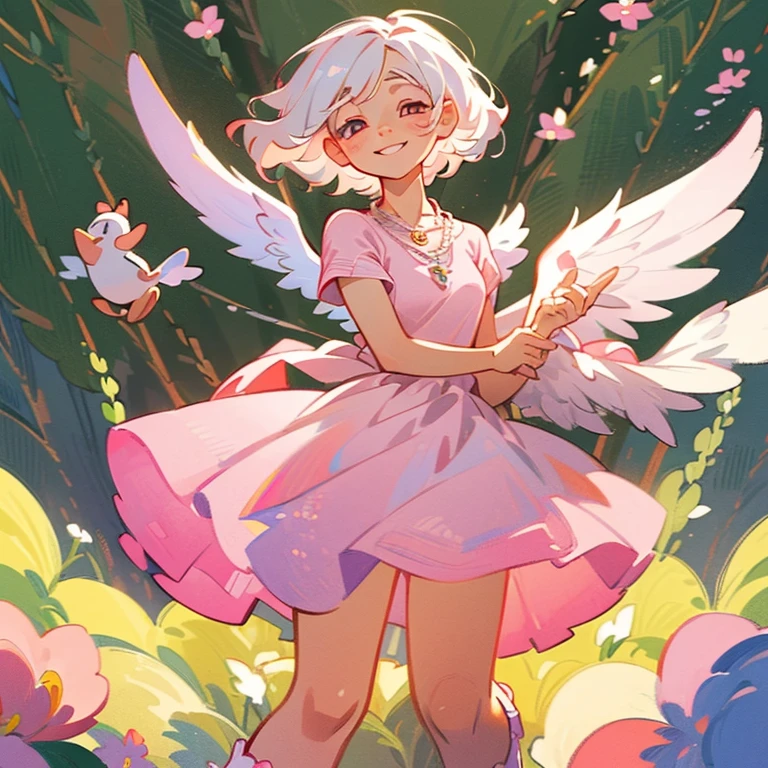 ((Masterpiece: 1.5, best quality, high resolution: 1.3, super resolution, super detailed, ultra detailed: 1.3, rich background: 1.2, Perfect Anatomy:1.5, 1 woman) pale skin + white hair + short wavy hair + eyes pink + curvy female figure + wings on her lower back (cute dress, minimal accessories, ballerina shoes, a flower necklace) ((open eyes, tender smile, background of a forest, friendly atmosphere)