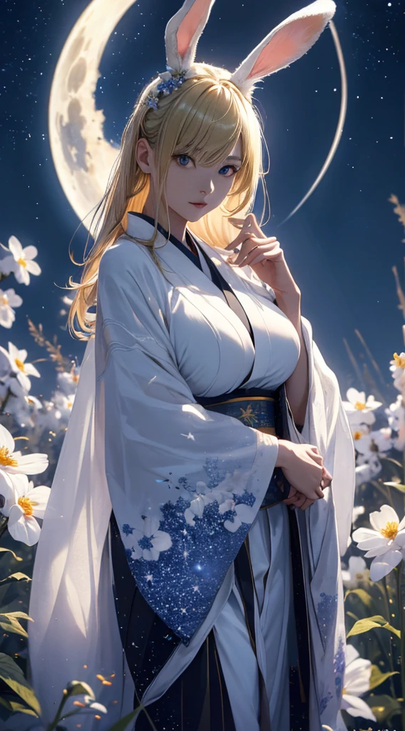 masterpiece, high quality, 4K, Beautiful design, silhouette,blonde, 非常に詳細な夜のStarry Sky,Flower Field, wonderful, Finer details, Very knowledgeable woman, Highly detailed solo, 1 female,Bunny ears,Big Breasts,White kimono,Night view,Starry Sky,full moon,