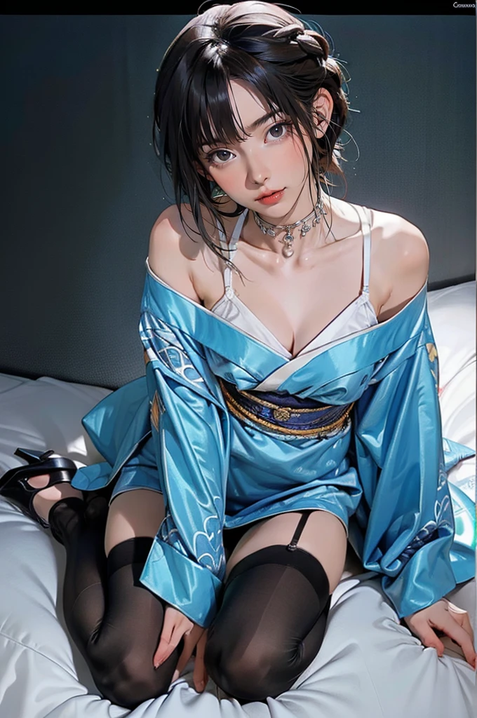 ((Masterpiece)), (Cute: 2.0), extremely detailed face, captivating expression, piercing gaze,French braid, short layered bob hairstyle with bangs, slender body, tanned skin, small eyes, rich color palette, choker necklace, open-toe high heels, goddess aesthetic, black pantyhose, black stockings, black garter belt, kneeling, dynamic angle, visible navel, thick thighs, thigh-highs, voluptuous,kimono