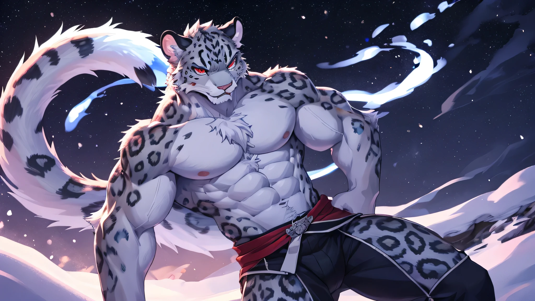 A furry snow leopard, its hands filled with the scent of white frost. The left eye of a snow leopard is red, and the right eye is blue. His face was filled with anger and he had strong chest and abdominal muscles. Coordinate body proportions. His whole body emitted a fiery aura