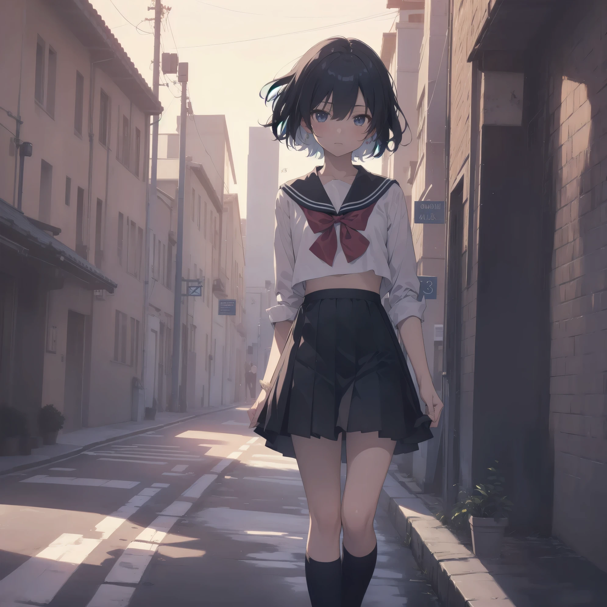 ultra-absurdres-Top quality by artist God, ultra-detailed, high resolution, anime moe artstyle, best anime 8k konachan wallpaper, pixiv contest winner, pool:2810, perfect anatomy,break, 1girl, (Please draw a girl walking sleepily to school alone. )break,(Solo,little female, :1.3),Full limbs, complete fingers,a junior high school student, (very short hair), short cut, flat chest, , small butt, smallck eyes, beautiful detailed eyes, well-proportioned iris and pupils, expressive eyes, highres detailed hair, soft expression, salor school_uniform, sailor collar, serahuku, bow, pleated skirt,(Detailed Lighting), (Detailed background), in the School commute route. break,super detailed skin, Best cinematic lighting powered by famous artist, 8k,beauty illustration,photoshop_(medium),very aesthetic,break,((artist:carnelian )), artist:akinashi yuu ,artist:oyari ashito ,artist:kantoku ,
