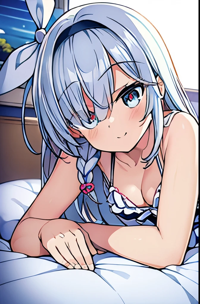 ((masterpiece)), ((best quality)), (ultra-detailed), on the bed, a cute girl, 1girl, solo, smile, underwear00