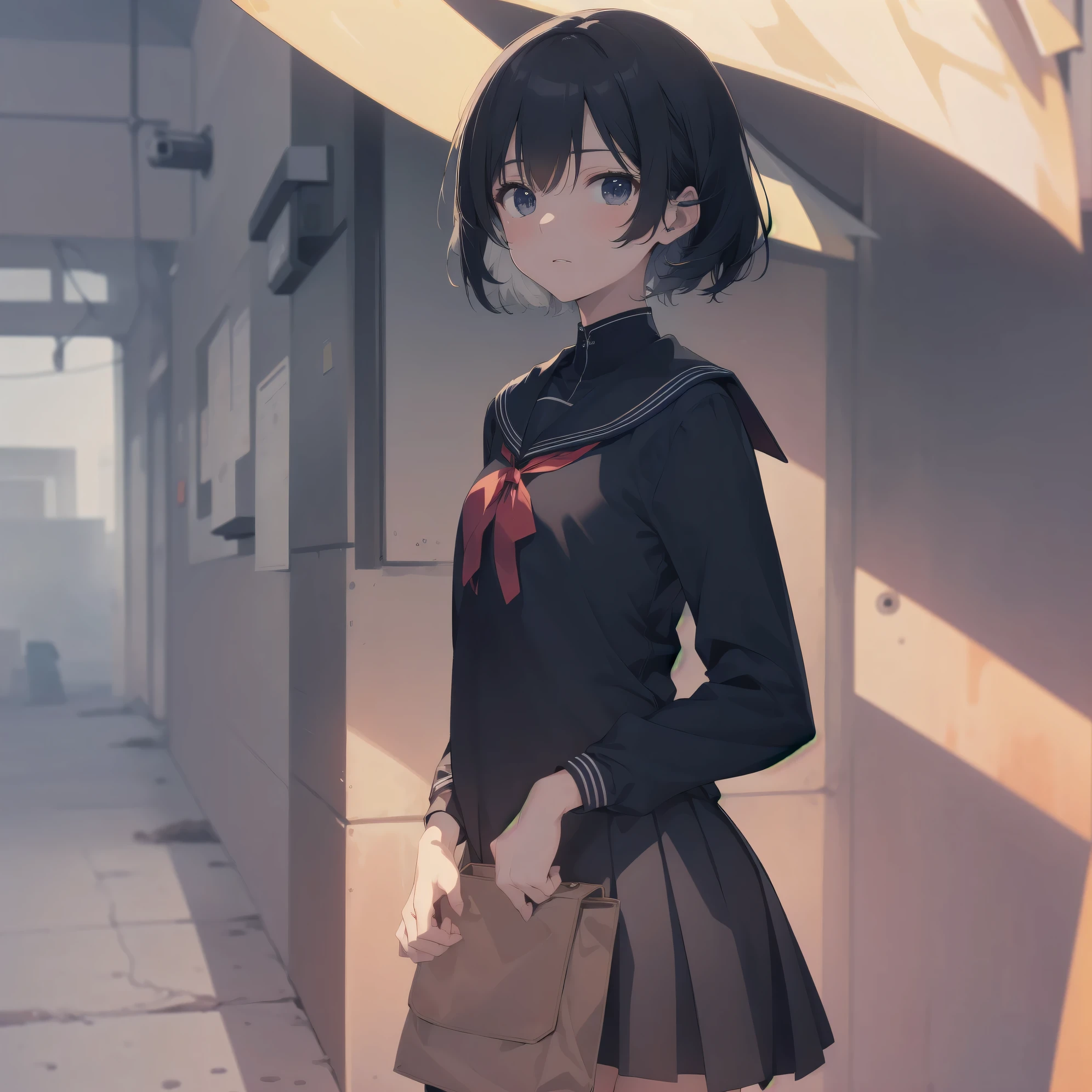 ultra-absurdres-Top quality by artist God, ultra-detailed, high resolution, anime moe artstyle, best anime 8k konachan wallpaper, pixiv contest winner, pool:2810, perfect anatomy,break, 1girl, (Please draw a girl walking sleepily to school alone. )break,(Solo,little female, 13-year-old:1.3),Full limbs, complete fingers,a junior high school student, (very short hair), short cut, flat chest, , small butt, small black eyes, beautiful detailed eyes, well-proportioned iris and pupils, expressive eyes, highres detailed hair, soft expression, salor school_uniform, sailor collar, serahuku, bow, pleated skirt,(Detailed Lighting), (Detailed background), in the School commute route. break,super detailed skin, Best cinematic lighting powered by famous artist, 8k,beauty illustration,photoshop_(medium),very aesthetic,break,((artist:carnelian )), artist:akinashi yuu ,artist:oyari ashito ,artist:kantoku ,
