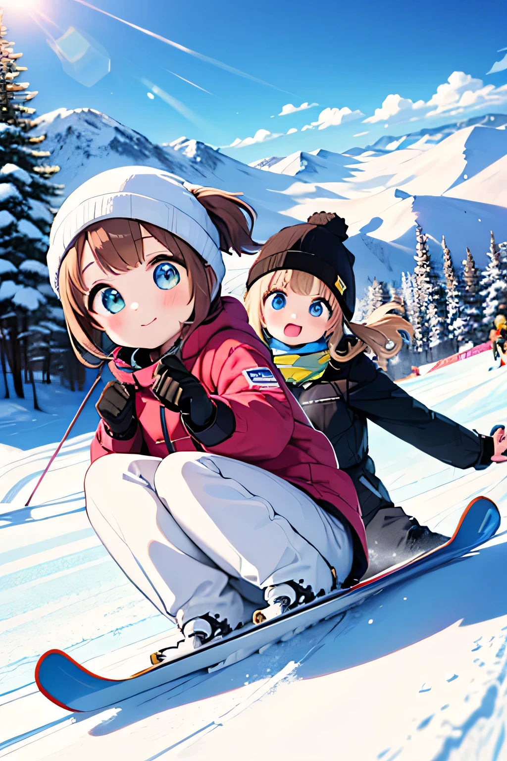 highest quality、High resolution、Detailed Background、(Beautiful face in every detail:1.4)、Anatomically correct、(Draw the usual number of fingers:1.2)、(Detailed facial expressions)、(Detailed eyes:1.2)、(Detailed eyes:1.2)、Beautiful, smooth skin、Teenage beauty、(Highly detailed face:1.4)、Cute color hair color、ponytail、Bobcut、Braided long hair、Wavy Hairstyle、well-groomed eyebrows、Do cute things、Beautiful scenery of snowy mountains、The exhilaration of speed、Excited、Uplifting、Fit on one screen、
(Two beautiful girls enjoying skiing and snowboarding at a ski resort with a spectacular view on a sunny day:1.5)、
Choose pastel or bright coloured skiwear to stand out in the snow.、
Pink, light blue and white clothing will make you look especially cute.、
Ski wear with a simple design gives a stylish and cute impression.、
Headbands and beanies、If you arrange your hair with hairpins, you can look stylish even when wearing a ski cap.、Half-up and twin tails are also cute.、
Ski goggles cover half of your face, so if you choose a stylish design, you will look stylish.、Mirrored lenses and colorful frames are recommended.、
Ski boot covers make your feet look stylish.、
Choose a colorful cover and look fashionable while skiing in the snow、
The best part of snowboarding is landing tricks on jumps and boxes.、
When you cut through the air, spin, or slide through the box, you'll feel a sense of accomplishment and excitement.、Snowboarding is best enjoyed with friends.、Memories are made by racing down the slopes together.、It's also fun to compete with friends or work together to hone your skills.