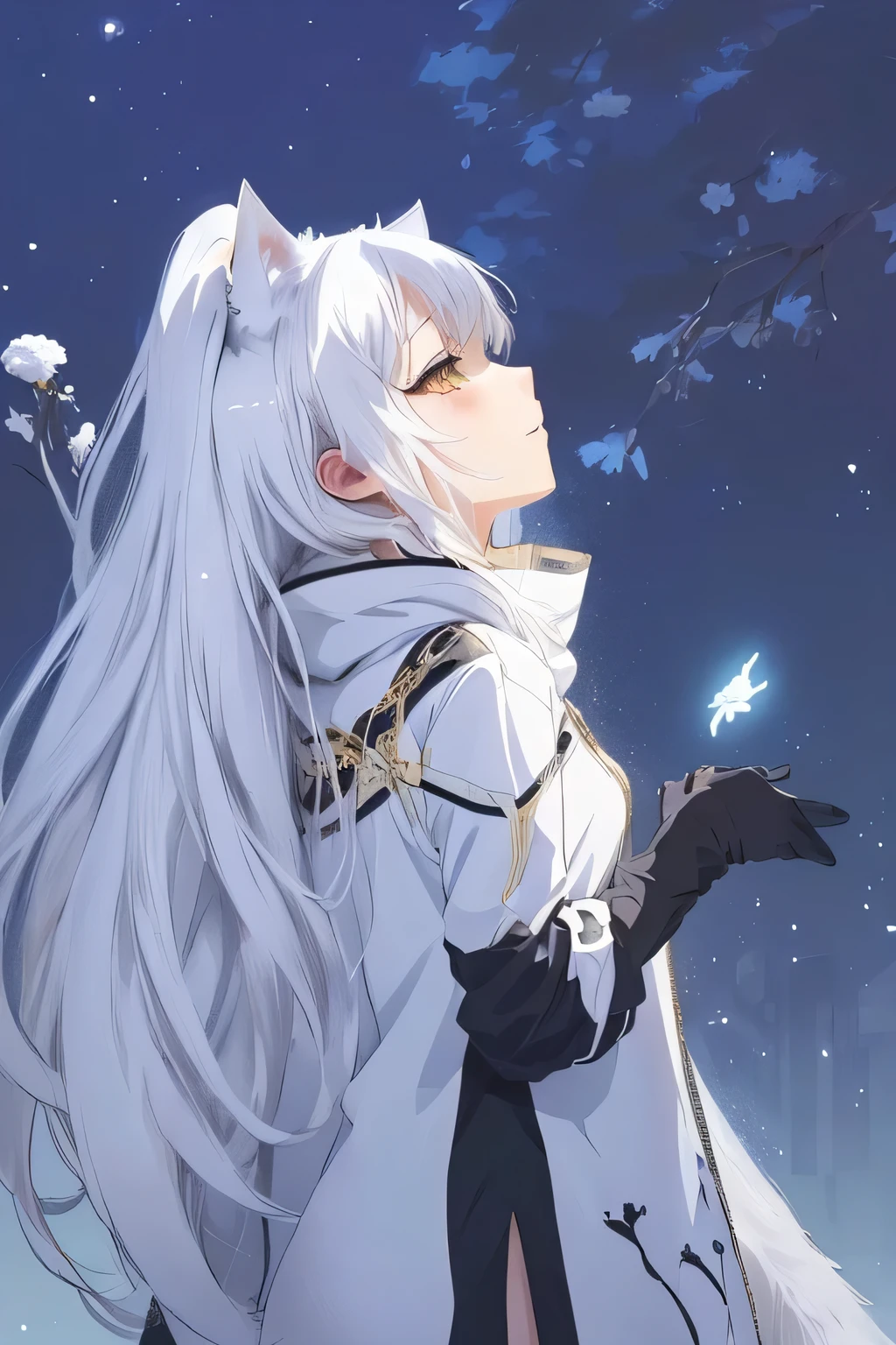 anime white hair girl and black top covering her face, cute anime catgirl, beautiful anime catgirl, anime girl with cat ears, White cat girl, White fox, anime catgirl, Very beautiful anime cat girl, white hair girl, White hair, Anime cute art style, Cute anime girl, Wear clothes, girl with cat ears