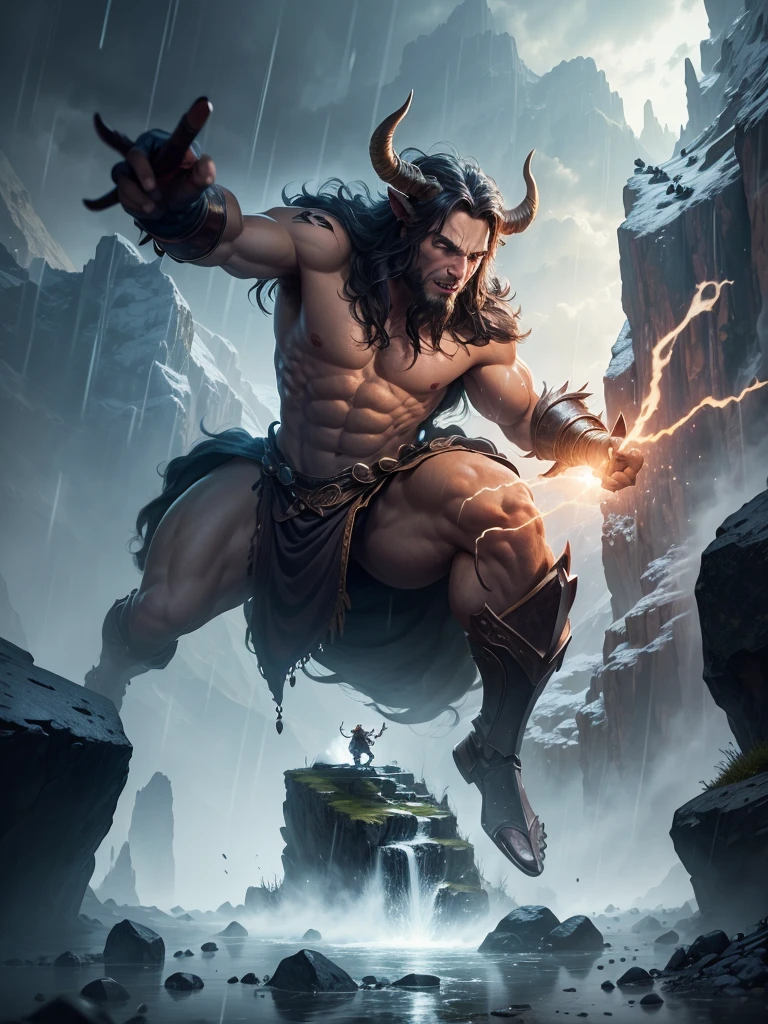 A minotaur fighting with a powerful wizard in a mountain while raining