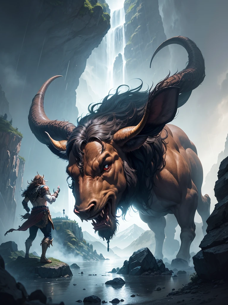 A minotaur fighting with a powerful wizard in a mountain while raining