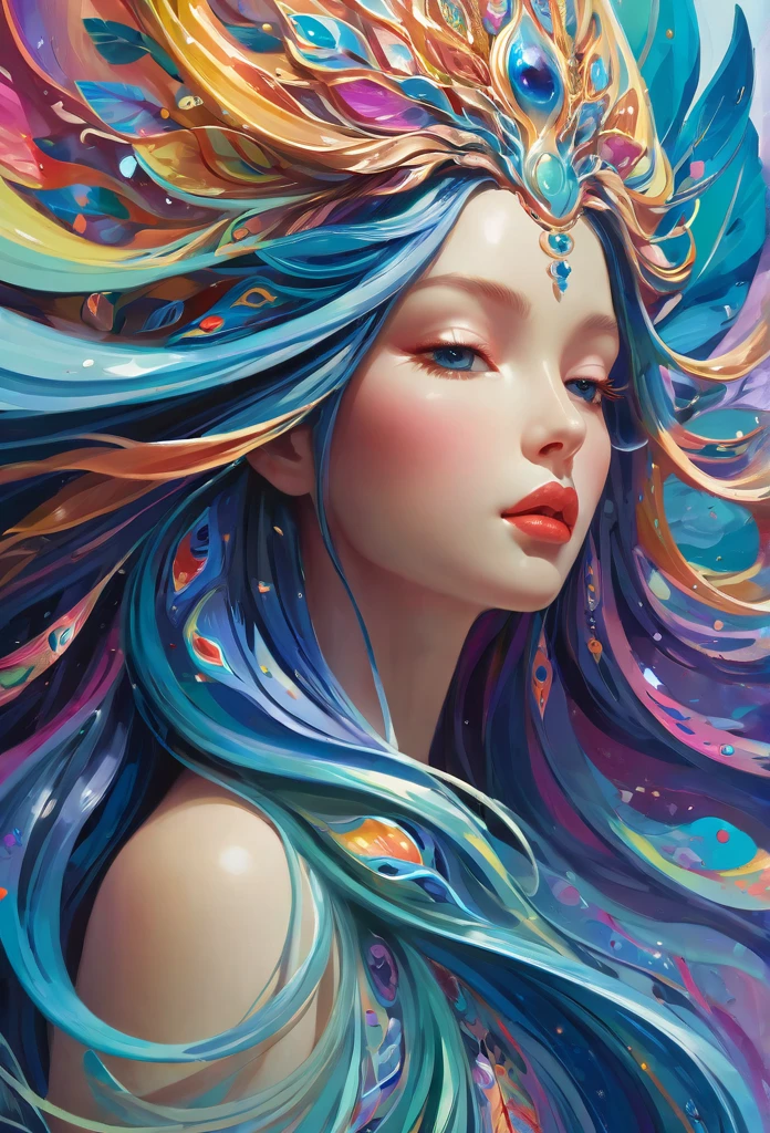 （Super Fine，lifelike：1.37），Psychedelic abstract art：3D goddess sculpture made of flowing liquid，Beautiful detailed eyes，Beautiful detailed lips，Serene expression，soft flowing hair，Upper body portrait，Background of the myth，creative composition，Meticulous attention to detail，Liquid textures and patterns，High-resolution rendering，Crystal clear，Exquisite craftsmanship，Dreamy atmosphere，Sensual and fascinating，masterpiece：1.2。
