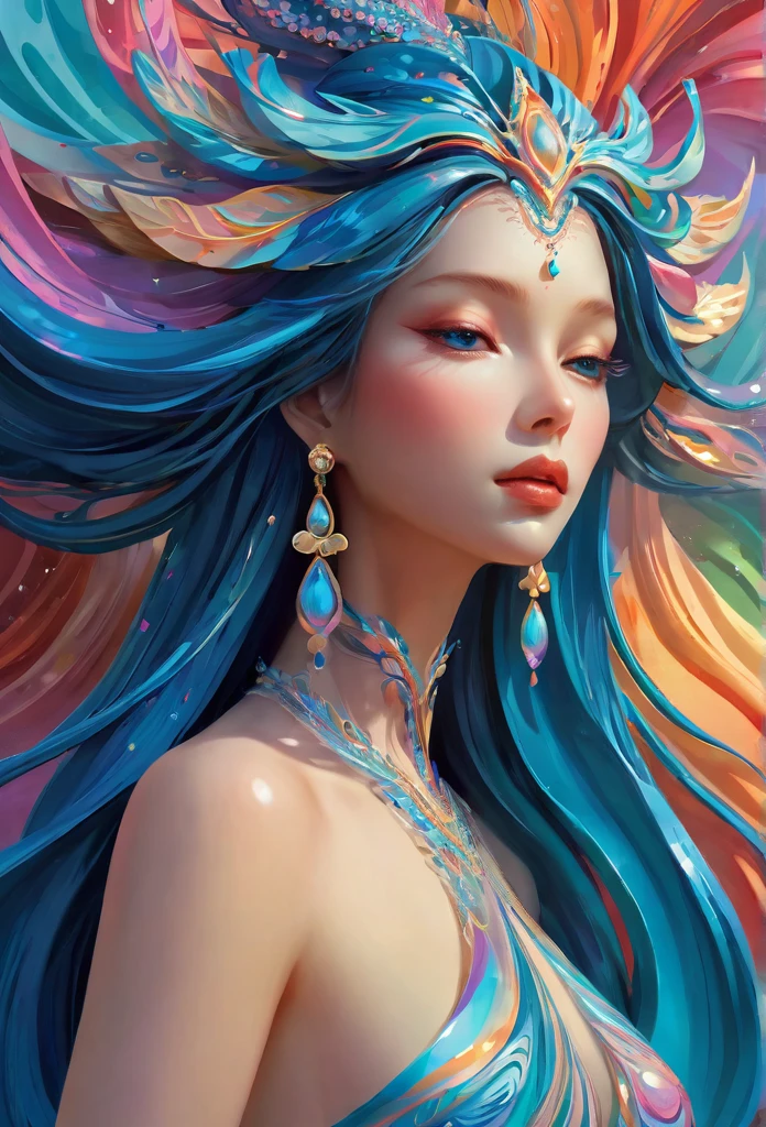 （Super Fine，lifelike：1.37），Psychedelic abstract art：3D goddess sculpture made of flowing liquid，Beautiful detailed eyes，Beautiful detailed lips，Serene expression，soft flowing hair，Upper body portrait，Background of the myth，creative composition，Meticulous attention to detail，Liquid textures and patterns，High-resolution rendering，Crystal clear，Exquisite craftsmanship，Dreamy atmosphere，Sensual and fascinating，masterpiece：1.2。