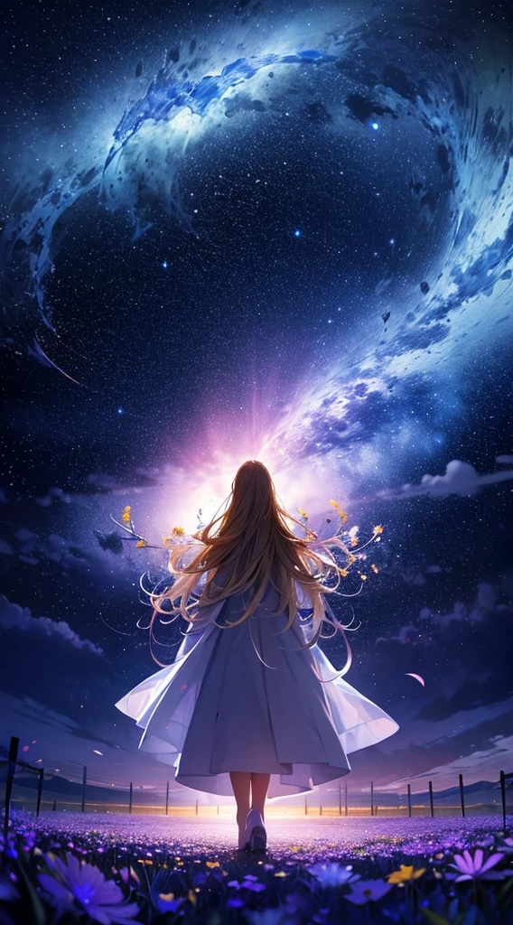 1people々々々々々々々々,Blonde long-haired woman,White long coat, Dress Silhouette, Rear View,Space Sky, Countless crosses stand in a flower field,Colorful flowers,Fluttering petals,Countless crosses lined up,