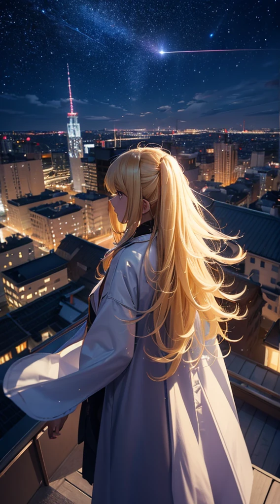 １people々々々々々々々々々々,Blonde long-haired woman，Long coat， Dress Silhouette， Rear View，Space Sky, comet, Anime Style, City night view from the rooftop，Countless crosses of light in the city，