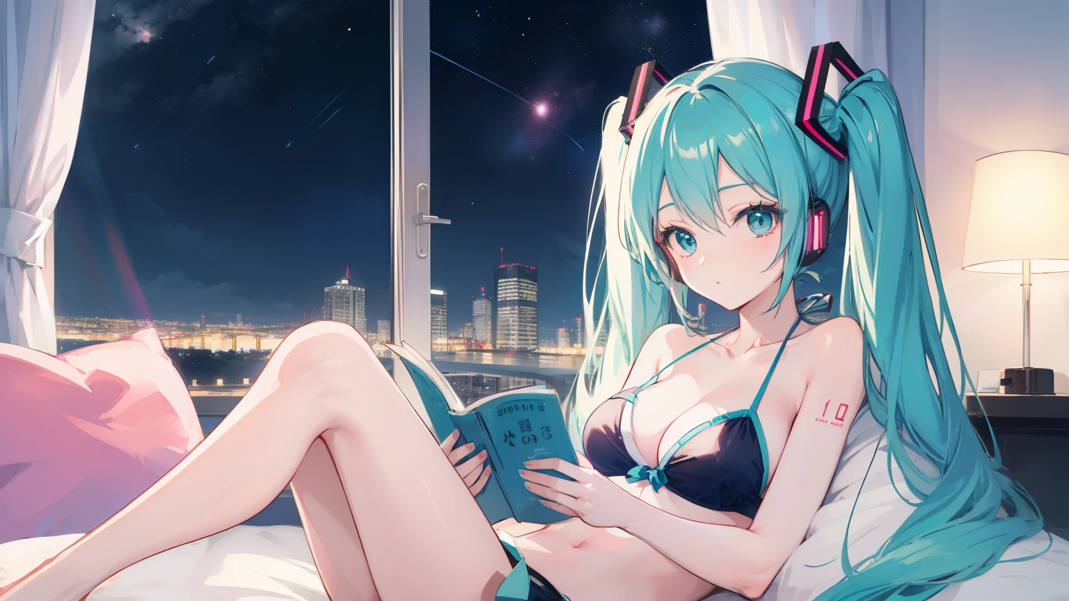Hatsune Miku in a bikini reading in bed。Beautiful night view