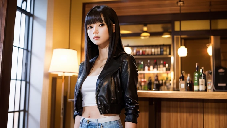 best quality, woman, lonely, sleepy, standing, hands on hips, looking at viewer, straight hair, blunt bangs, long hair, blonde, black hair, colored inner hair, golden eyes, jitome, wheatish skin, tall, slim, glamorous, tube top, jacket, shorts, baby face, japanese idol, 20-year-old, japanese, in the bar, beautiful, ultra realistic photo, full body shot, from front