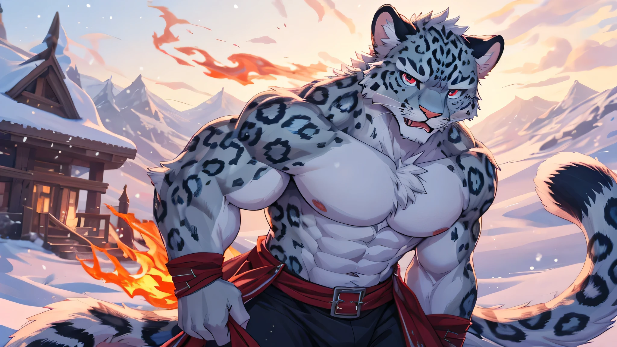 A furry snow leopard, its hands filled with the scent of white frost. The left eye of a snow leopard is red, and the right eye is blue. His face was filled with anger and he had strong chest and abdominal muscles. Coordinate body proportions. His whole body emitted a fiery aura