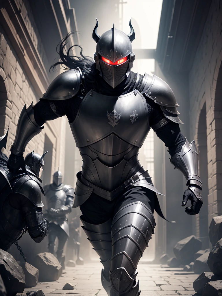 A knight in full black and silver armour, running from a devil