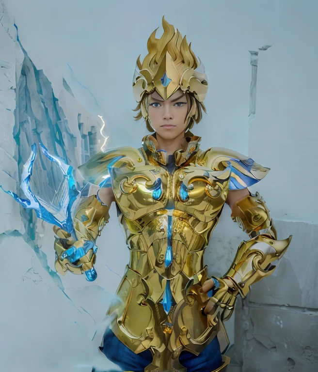 top-quality, 8K, ultra-detailliert, Facing right, masutepiece, Best Quality, High resolution, Realistic skin texture, armor, (Photorealistic: 1.4), High resolution, Raw photo, 1 boy, Shiny skin, (Skin Detail: 1.4), Realistic skin texture, better lighting, cheerfulness, Dramatic Lighting, Pose with right fist sticking out, (Background of the walls of the Greek temple: 1.3), (nigh sky: 1.1), cosmos, Milky way, (helmets: 1.2), Tanned skin, (Golden breastplate: 1.4), (helmets), fire, Serious face, golden armour, 20yr old, (Lightning Effect:1.1), (Bigger eyes:1.1), blue flames in arm