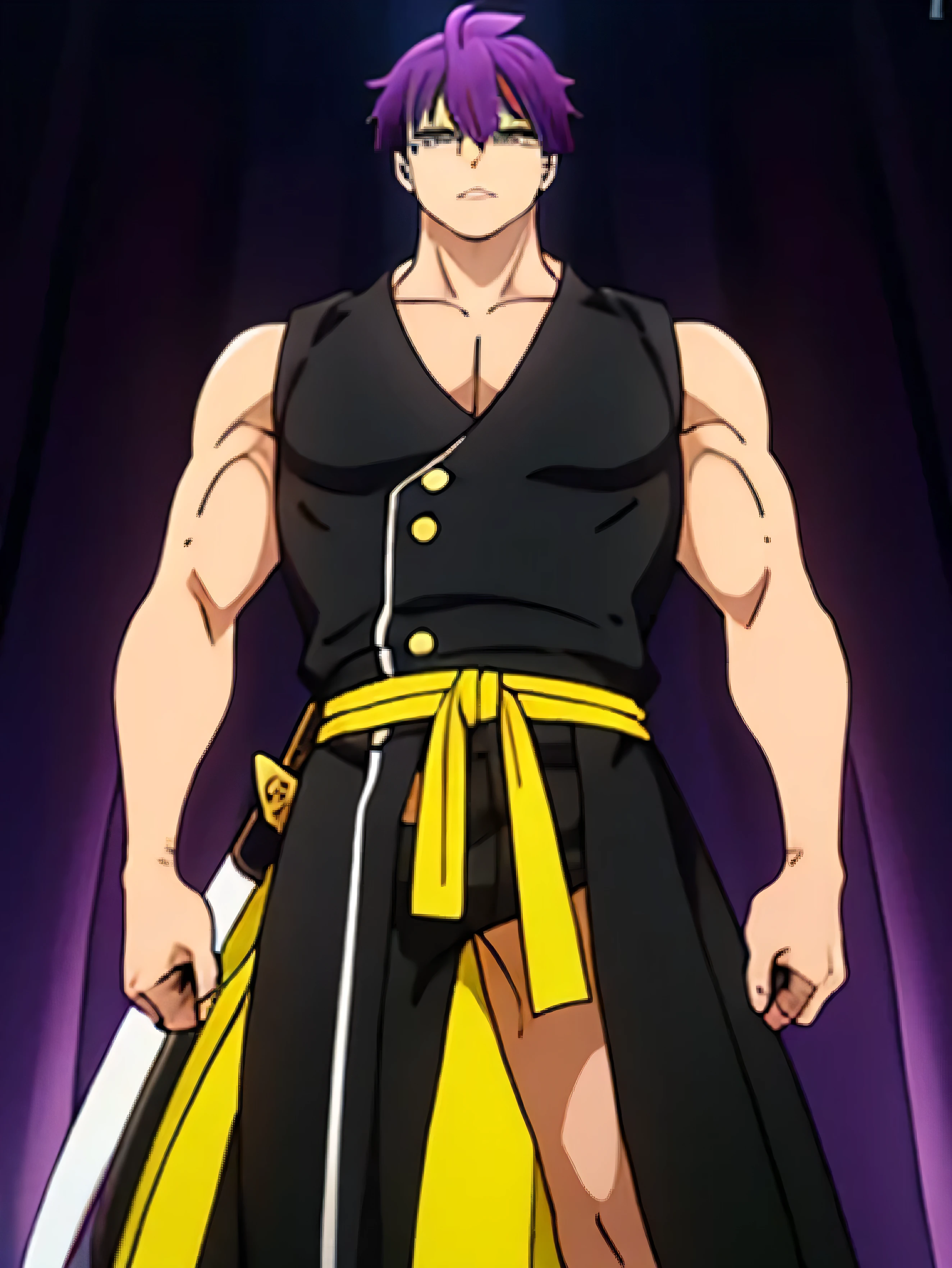  A young man with a serious face, sharp, sleepy yellow eyes, violet hair with yellow highlights, and he wears black clothes with two yellow stripes. He is 185 feet tall and has a black sword. His hair is very thick, slightly long and raised high. He is strong with an athletic, medium-muscled body. 