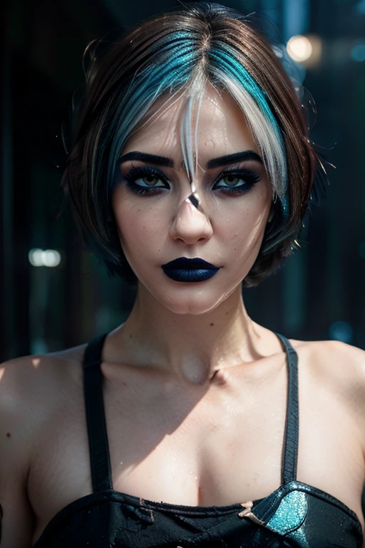 Beautiful girl, half-body portrait, Bright blue messy short hair, black eyeshadows, (street style wear:1.2), (urban backdrop:1.2), dark make-up, Digital art, trending on artstationh, Highly detailed, finedetail, Intricate,  beautiful detailed glow, Detailed, Cinematic light, A high resolution, Detailed facial features,Sharp focus, smooth, Aesthetic,