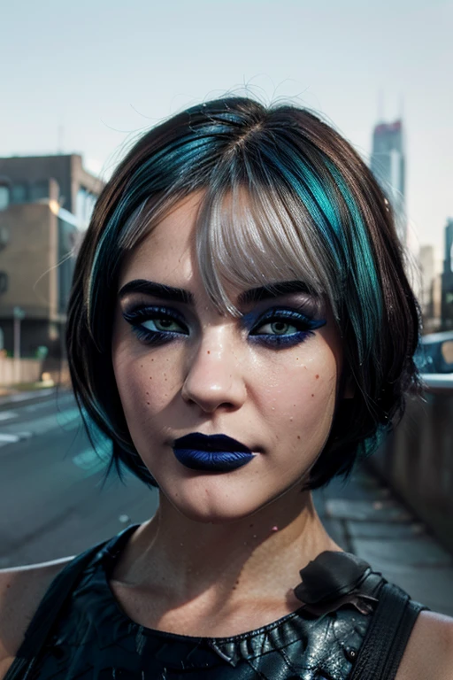 Beautiful girl, half-body portrait, Bright blue messy short hair, black eyeshadows, (street style wear:1.2), (urban backdrop:1.2), dark make-up, Digital art, trending on artstationh, Highly detailed, finedetail, Intricate, beautiful detailed glow, Detailed, Cinematic light, A high resolution, Detailed facial features,Sharp focus, smooth, Aesthetic,