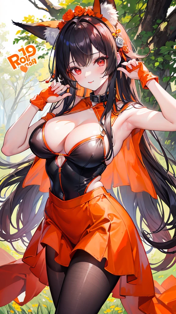 1 girl、kiss,Red lips,Fox ears,(8k、Highest image quality、best quality、masterpiece)、Orange tights,Orange headdress,Orange gloves,Orange stockings,slim,Large Breasts,Extremely detailed facial details, handcuffs,collar,Calm expression,Red lips,sweet smile,Black long hair, Charming red eyes, Fox ears, Ridiculously big, glowing skin,forest,Flowers