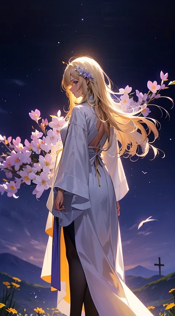 1people々々々々々々々々々,Blonde long-haired woman,White long coat, Dress Silhouette, Rear View,Space Sky, Countless crosses stand in the flower field,Colorful flowers,Fluttering petals,Countless crosses lined up,