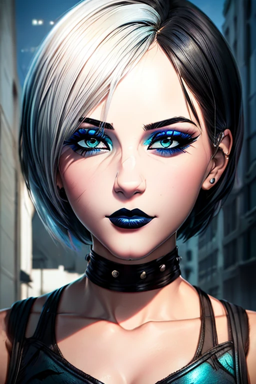 Beautiful girl, half-body portrait, Bright blue messy short hair, black eyeshadows, (street style wear:1.2), (urban backdrop:1.2), dark make-up, Digital art, trending on artstationh, Highly detailed, finedetail, Intricate, beautiful detailed glow, Detailed, Cinematic light, A high resolution, Detailed facial features,Sharp focus, smooth, Aesthetic,
