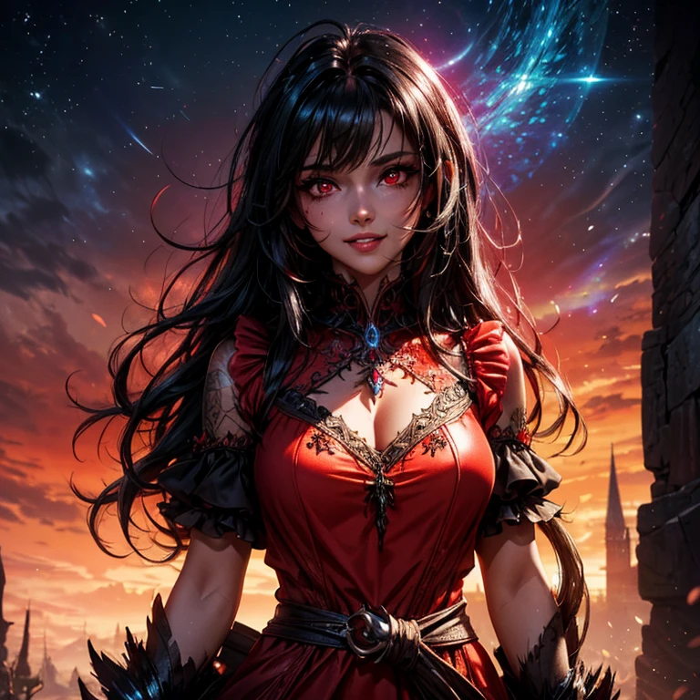 masterpiece, best quality, 8K wallpaper, HDR, octane rendering. A girl, Witch, in ((detailed fantasy crimson short dress)), ((ethereal fantasy aesthetic style)), ((from face to waist)), flying crows, detailed scenery, the girl has (Messy hair , shiny black hair:1.4), (Beautiful and detailed face with perfect symmetry), (Beautiful and detailed red eyes:1.2), (soft lips, smile, teeth:1.2), (body with perfect anatomy, perfect natural texture, details tall, glowing skin) cinematic lighting, vivid colors, detailed illustration, depth of field.