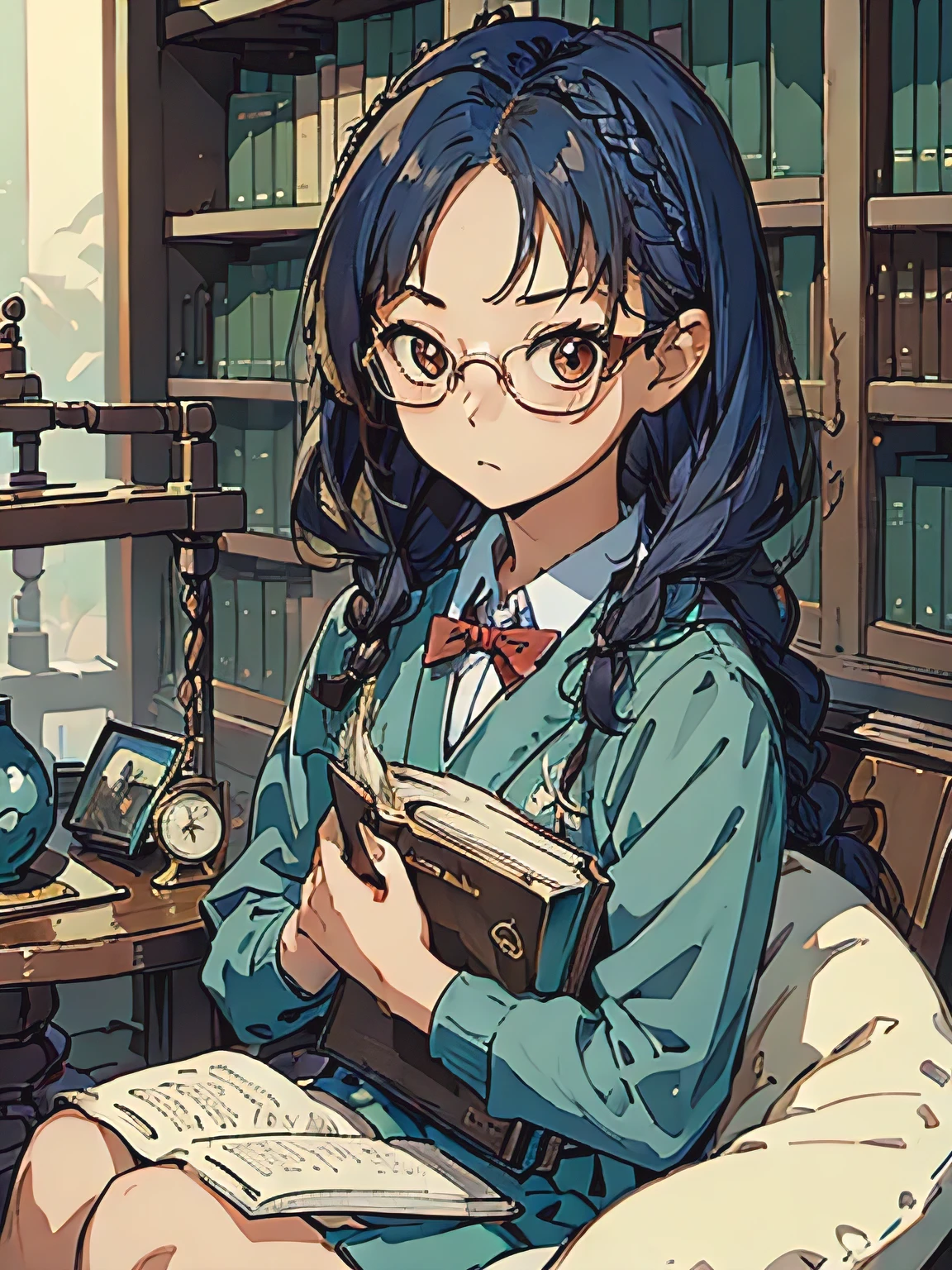 (((masterpiece))) (((background : school theme : Library : books ))) ((( character : teenager : Tzuyu : nerd : fit body : braided hair : glasses :  : sitting : serious studying )))