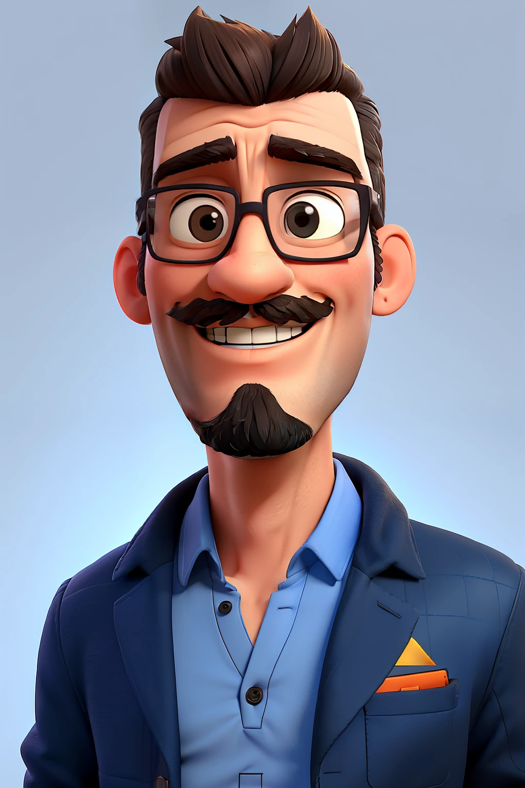 there is a man with glasses and a jacket on posing for a picture, foto de perfil headshot, foto do perfil, with glasses and goatee and moustache, and entrance on the head short hair inspired by Christopher Williams, Cartoon in blue shirt and black pants, arms crossed, olhando para frente e sorrindo com os dentes aparecendo;