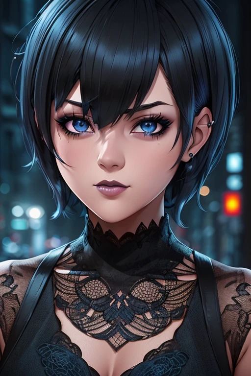 Beautiful girl, half-body portrait, Bright blue messy short hair, black eyeshadows, (street style wear:1.2), (urban backdrop:1.2), dark make-up, Digital art, trending on artstationh, Highly detailed, finedetail, Intricate,  beautiful detailed glow, Detailed, Cinematic light, A high resolution, Detailed facial features,Sharp focus, smooth, Aesthetic,