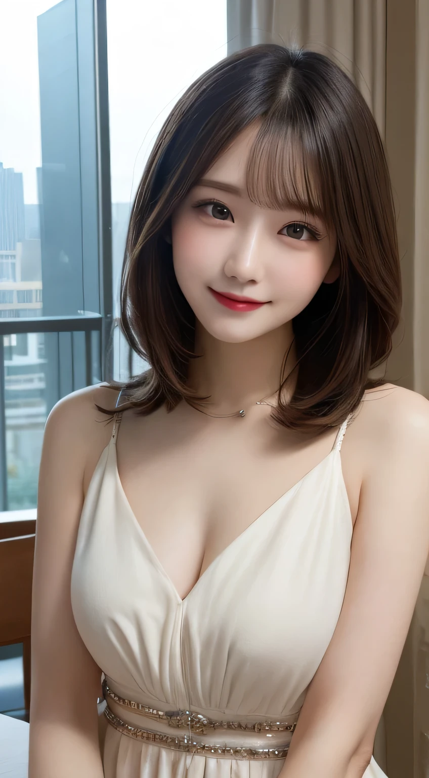 Tabletop, highest quality, figure, Very detailed, In detail, High resolution, 8k wallpaper, Perfect dynamic composition, Beautiful fine details, dress,Medium Hair, Center of chest, Natural color lip, Random sexy poses,smile,Tower apartment