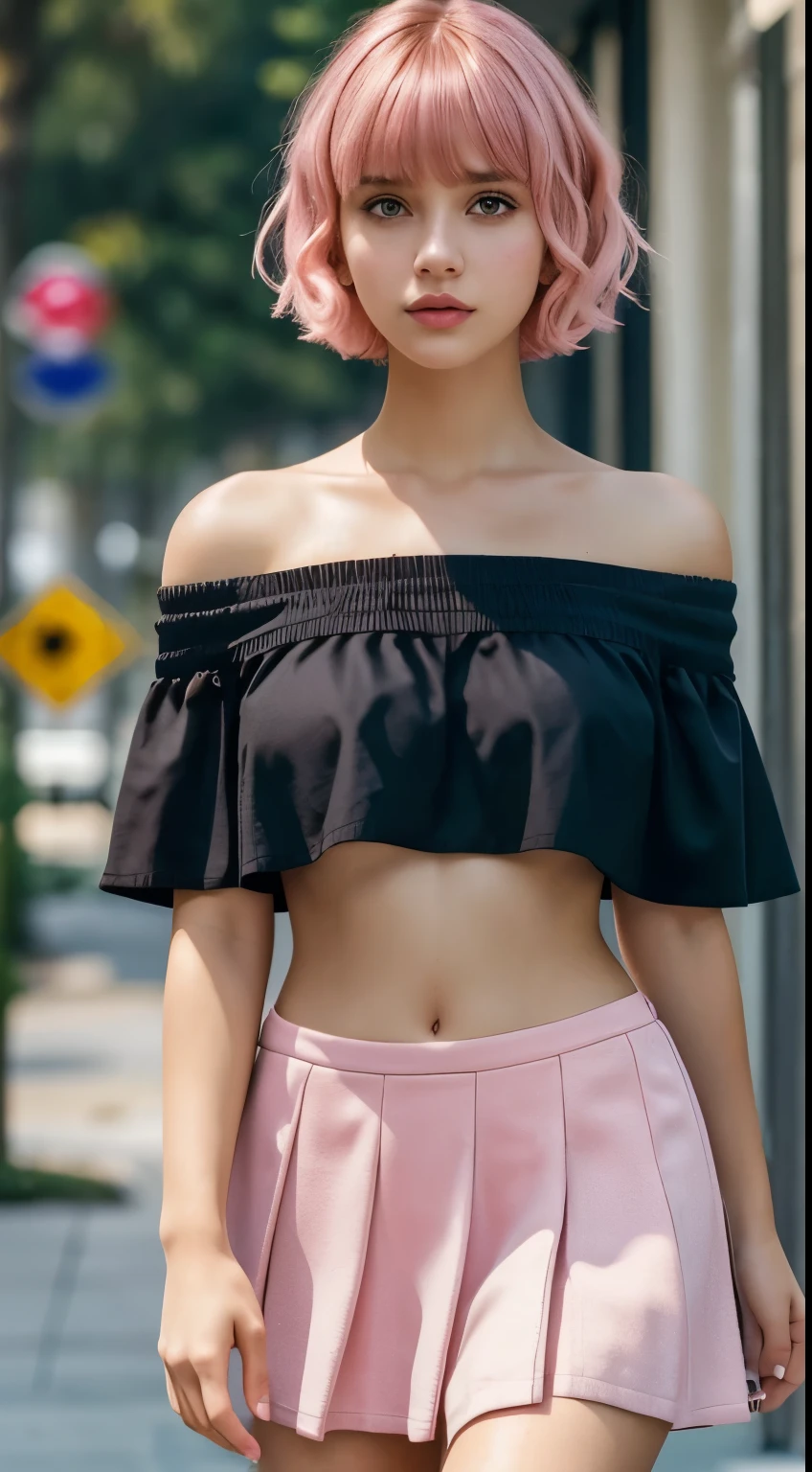 best quality, masterpiece, Ultra-high resolution, (Reality: 1.4), original photo, 1 Girl, Off-shoulder, Movie Lighting, whole body, short hair, Bangs, parted Bangs, Pink Hair, Precise anatomical structure, Large Breasts, , Stomach, Short skirt,