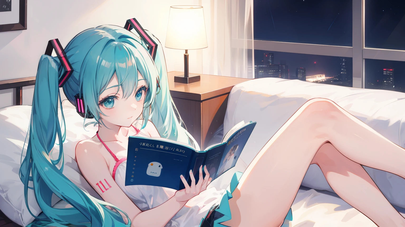 Hatsune Miku in a bikini reading in bed。Beautiful night view