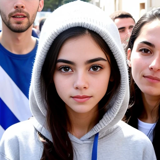 Israeli people gathered in sweatshirts, focus on the face.