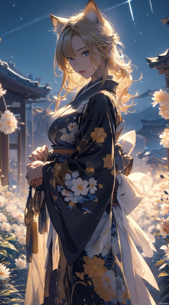 masterpiece, high quality, 4K, Beautiful design, silhouette,blonde, 非常に詳細な夜のStarry Sky,Flower Field, wonderful, Finer details, Very knowledgeable woman, Highly detailed solo, 1 female,Cat ear,Big Breasts,kimono,Night view,Starry Sky,full moon,