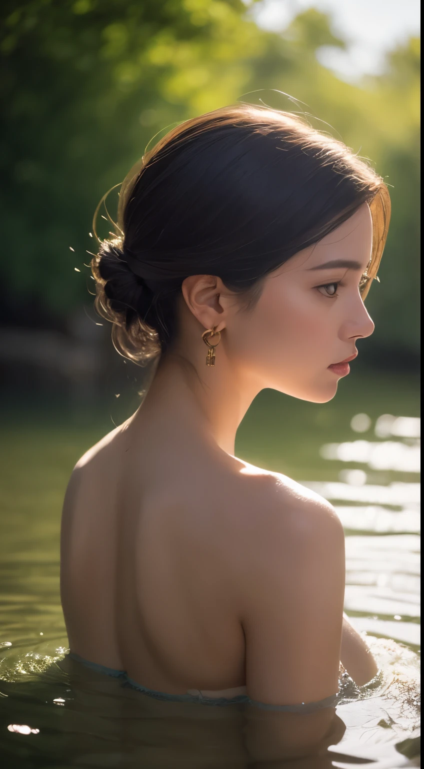 Close-up portrait of a cute woman （Greedo） Bathing in the river， reed，Gorgeous and exquisite butterfly jewelry，Colorful，Fine carving，sparkling，attention to detail，The quality of the jewelry is very good，Highest image quality， （The rear window lighting is backlit）， Practical， masterpiece， best quality， lens flare， trace， Bloom， [[Chromatic Aberration]]，Jeremy Lipkin，Antonio Manzanedo，number，