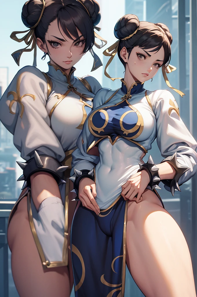 chun li,obra de arte, melhor qualidade, agrias, gray sweater, collant preto, standing, olhando para o espectador, coxas