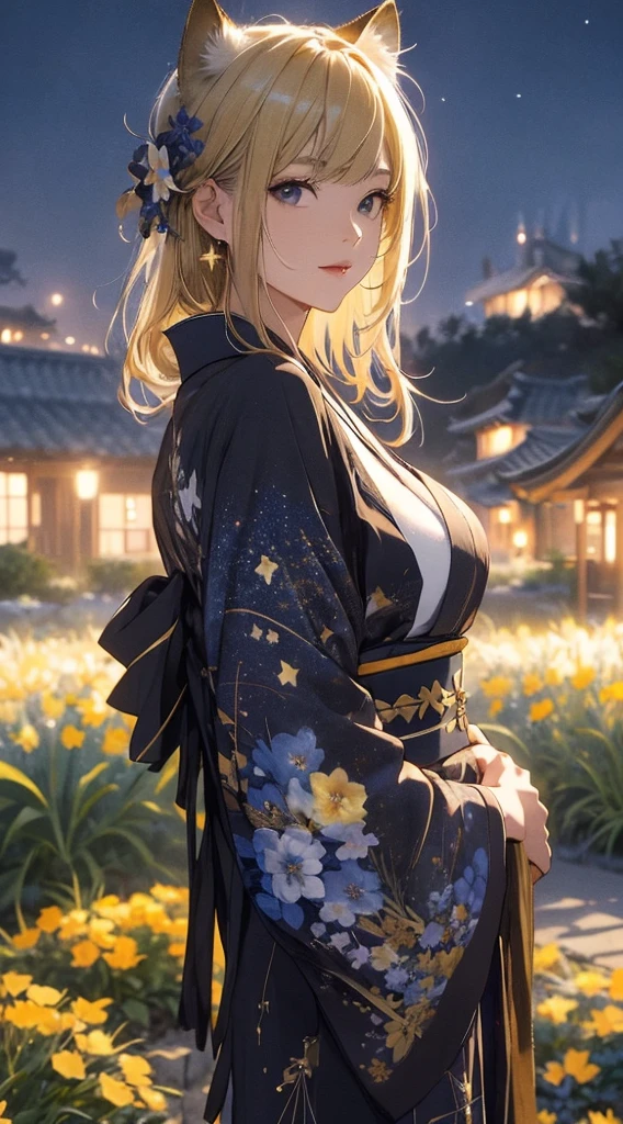 masterpiece, high quality, 4K, Beautiful design, silhouette，blonde， 非常に詳細な夜のStarry Sky,Flower Field， wonderful, Finer details,  Very knowledgeable woman, Highly detailed solo, 1 female,Cat ear，Big Breasts，kimono，Night view，Starry Sky，full moon，