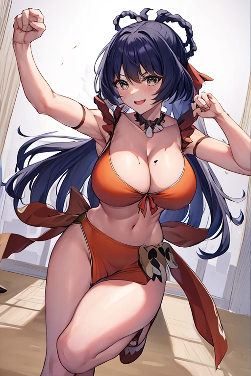 masterpiece, best quality, beautiful art, high resolution, well formed hands, body and fingers, 1 woman, solo, Xiangling hair ribbon , adult, grown up, big breasted, cleavage, full body, long hair, hair ornament, gorgeous legs and thighs, smile, wearing a Mii outfit, sexy and skimpy jungle bikini, pelvic curtain she is fighting in a combat match at a martial arts tournament, she is getting ready to fight, making her guard pose, action and fighting scene, about to hit the viewer, looking at the viewer, sweating , feeling confident and proud, smiling joyfully and happily, charming her opponent with her beauty, fighting scene, martial arts tournament on the beach