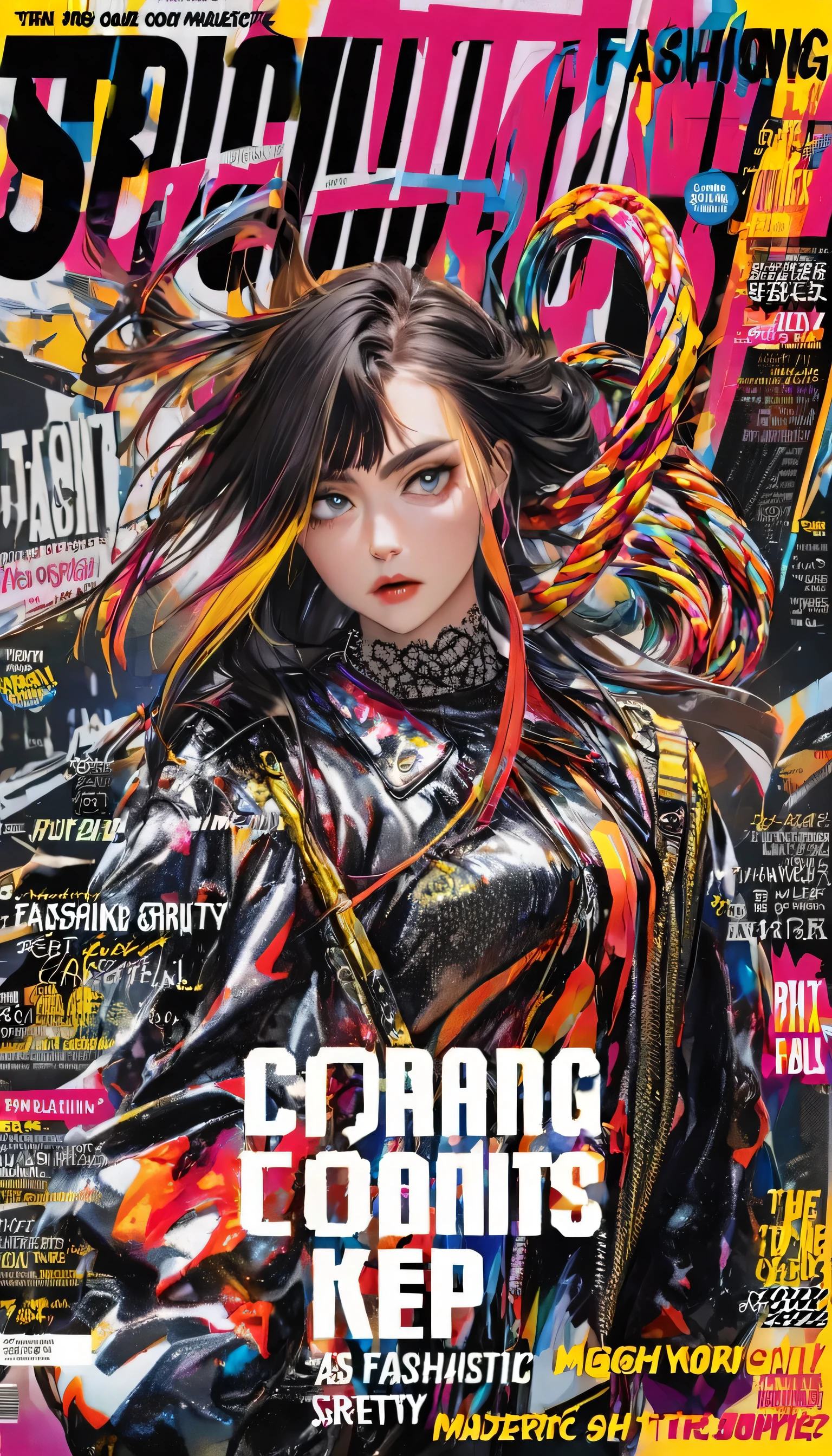 Fashion Magazine cover:a handsome female model, ((((dramatic))), (((Gritty))), (((intense))) film poster featuring a young Miss as the central character. She stands confidently in the center of the poster, wearing a fashionable and edgy full outfit, with a determined Express on her face. The background is dark and Gritty, with a sense of danger and intensity. The text is bold and striking, with a catchy tagline that adds to the overall feeling of drama and excitement. The color palette is mainly dark with splashes of energetic colors, giving the poster a Dynamic and visually striking appearance,vertical painting (Magazine:1.3), (cover-style:1.3), Fashionable, Miss, energetic, full outfit, pose, front, rich and colorful, Dynamic, background, element, confident, Express, Keep, statement, accessories, majestic, coiled, About, touch, Scenes, text, cover, bold, striking, title, fashionable, font, catchy, title, bigger, striking, modern, trend, focus, Fashion,