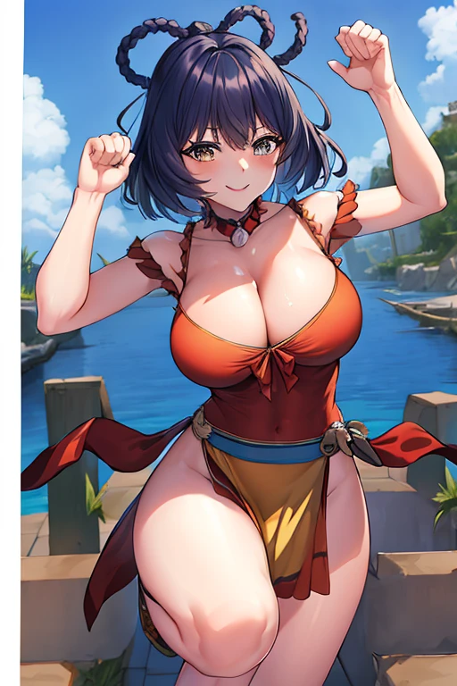 masterpiece, best quality, beautiful art, high resolution, well formed hands, body and fingers, 1 woman, solo, Xiangling hair ribbon , adult, grown up, big breasted, cleavage, full body, long hair, hair ornament, gorgeous legs and thighs, smile, wearing a Mii outfit, sexy and skimpy jungle bikini, pelvic curtain she is fighting in a combat match at a martial arts tournament, she is getting ready to fight, making her guard pose, action and fighting scene, about to hit the viewer, looking at the viewer, sweating , feeling confident and proud, smiling joyfully and happily, charming her opponent with her beauty, fighting scene, martial arts tournament on the beach