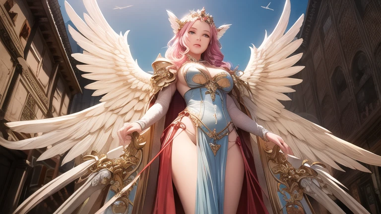 surrealism, High detail, Cinematic lighting, Ray tracing, angle of view, Eye level shots, hyper HD, Masterpiece, Textured skin, 4K, Best quality Close-up of woman with skull on shoulder, Anjo majestoso de whole body, Girl Angel Knight, angel in plastic armor, tall female angel, Beautiful angel girl ciborgue, beautiful female priest, Cushart Krenz Womenswear Key Art, Seraph, Shadowverse character concept, goddess. Extremely high detail, ( ( Character Concept Art ) ), Alafi angel with golden wings walking on the street, Anjo majestoso de whole body, super Wide Angel, Wide Angel shot, Wide Angel, Epic Angel Wings, 电影goddesswhole body照, epic angle and pose, angelica, Thick, Warm, share, Beautiful angel girl, Beautiful Angel, Long distance shot of tall angel, foto gigante e impressionante da goddess, woman with pink hair, whole body, whole body, Looking at the camera, Gurwitz&#39;s styleless artwork, ! sonho Ategum, Louis van Baarle Ross, estilo de arte Realist, IG Model | Ategum, Rose Tran, Inspired by Rostland, estilo Ategum, Ategum e atey ghailan, Gilded alafi in front of building, Angel Golden Armor, unreal motor render Knights of the Zodiac, Deusa Durada Atena, Like a mysterious Valkyrie, Gorgeous role-playing, Deusa Grega Atena, usando Golden armor, 3 d goddess minerva, Knights of the Zodiac, - Moon jewelry on forehead, Angry expression, Sad expression, Sailor Moon, Golden armor,  ([Long hair]:1.8), (whole body:1.8), (站立whole body像:1.8), (Upper body up:0.3),portrait, , middle Ages, Classicism, Andrey Atroshenko-Estillo, painting, traditional media, Realist, Delicately symmetrical eyes, Detailed beautiful face, Figurative, fine art, 布面油painting, HDR, 8k, Original Characters, high resolution, high detail, Focus on the face, portrait, , middle Ages, Classicism, Andrey Atroshenko-Estillo, painting, traditional media, Realist, Delicately symmetrical eyes, Detailed beautiful face, Figurative, fine art, 布面油painting