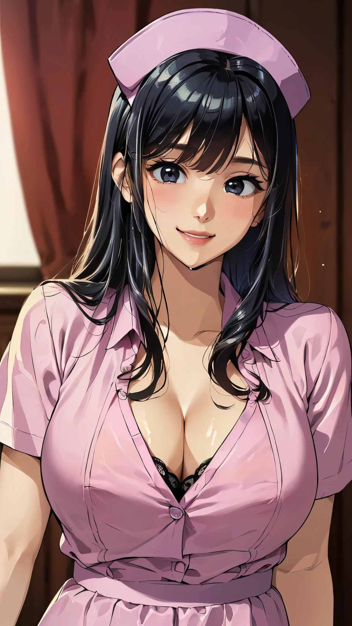 ((highest quality、Masterpiece、High resolution))、(((Zoom photo of upper body:1.95、Looking up、15 years old、Idol、Beautiful Skin、semen、Wet body、Wet Hair、Nurse uniform、Cute Smile:2.5、Cleavage、Large Breasts、hospital、Black Hair、Medium Hair)))