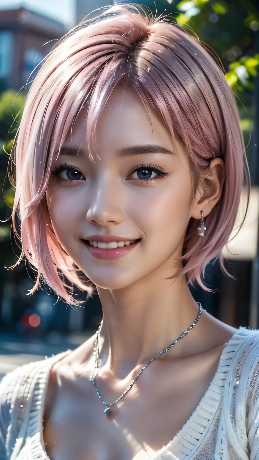 (8k, highest quality, masterpiece:1,2), (Realistic, Photorealistic:1.37), Super Detail, One Girl,), (Very detailedな), (Beautiful and detailed eyes), (highest quality), (Very detailed ), (masterpiece), (Detailed face),20-year-old, ,1 girl, ((Pink Hair,Very short hair)), Dressed, Perfect lighting,  (White sweater:1.2),  (Silver earrings:1.1), (Silver Necklace:1.1) Cut the left bangs, Pin on right ear, smile, Teeth are visible, Eyes staring at the camera, put one&#39;s right hand in one&#39;s coat pocket, Place your left hand on your hip, Put your right foot forward, The left leg is bent, Urban background, Dark colors, Contrast, Evening Light, Light from the left, Right Shadow, Coat and tights texture,head shot
