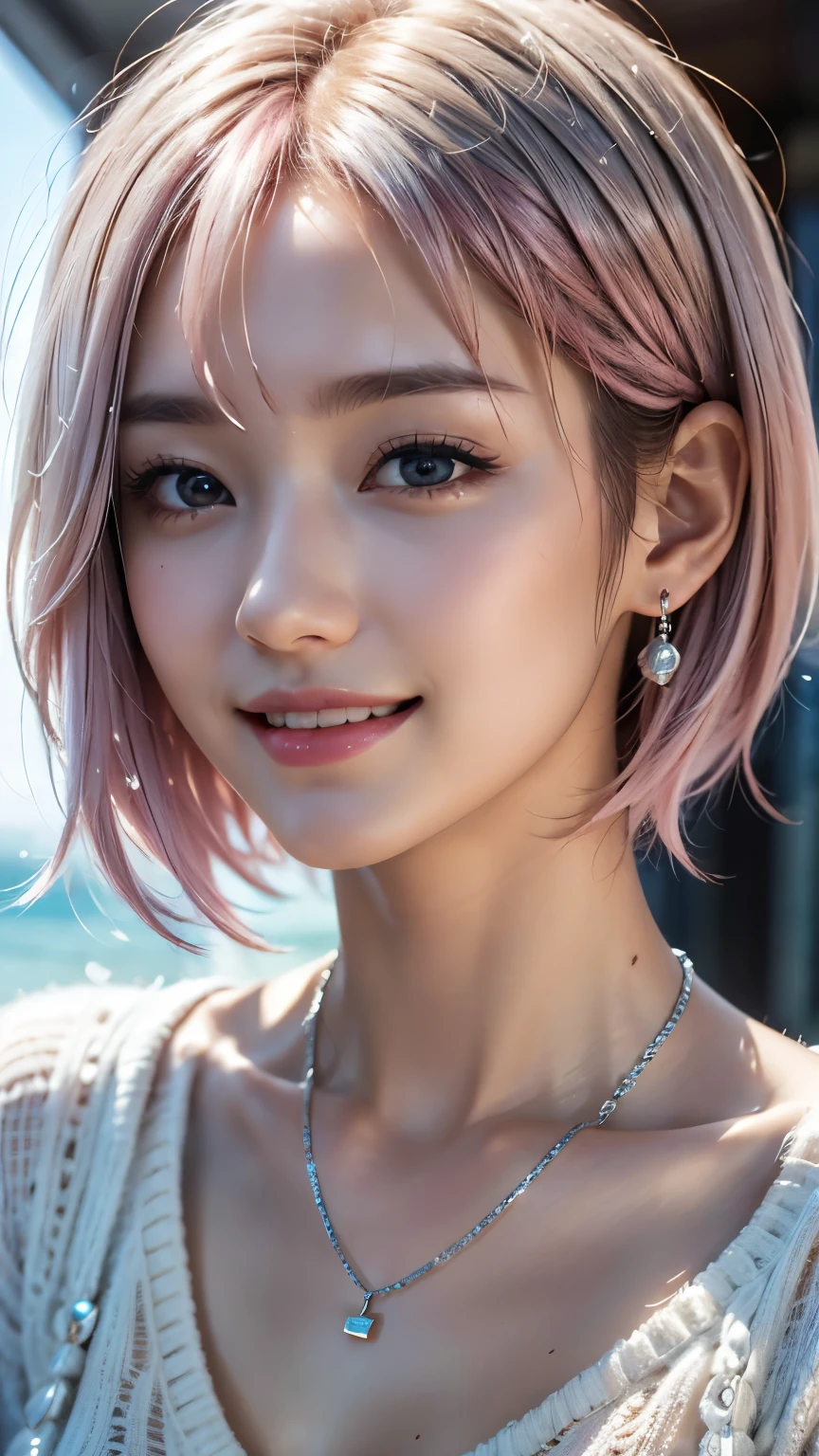 (8k, highest quality, masterpiece:1,2), (Realistic, Photorealistic:1.37), Super Detail, One Girl,), (Very detailedな), (Beautiful and detailed eyes), (highest quality), (Very detailed ), (masterpiece), (Detailed face),20-year-old, ,1 girl, ((Pink Hair,Very short hair)), Dressed, Perfect lighting,  (White sweater:1.2),  (Silver earrings:1.1), (Silver Necklace:1.1) Cut the left bangs, Pin on right ear, smile, Teeth are visible, Eyes staring at the camera, put one&#39;s right hand in one&#39;s coat pocket, Place your left hand on your hip, Put your right foot forward, The left leg is bent, Urban background, Dark colors, Contrast, Evening Light, Light from the left, Right Shadow, Coat and tights texture,head shot
